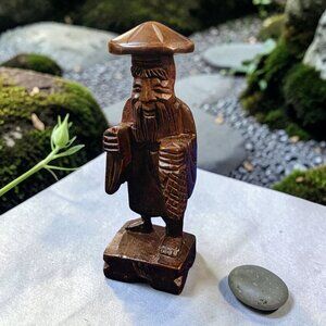 6" Hand Carved Wooden Figurine Asian Man Rustic Decor Unique Collectible